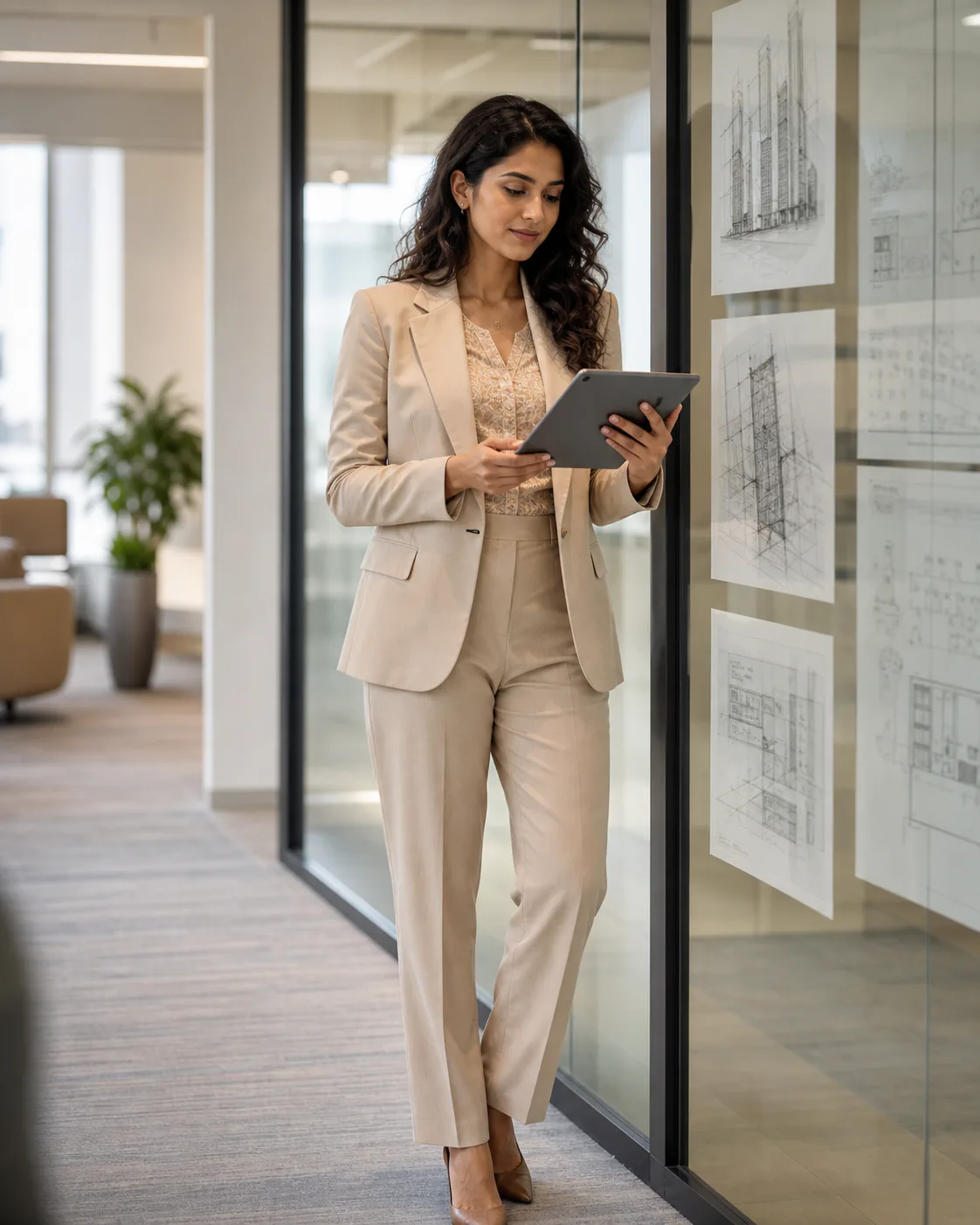 Indian technology consultant in a refined beige suit reviewing a project plan